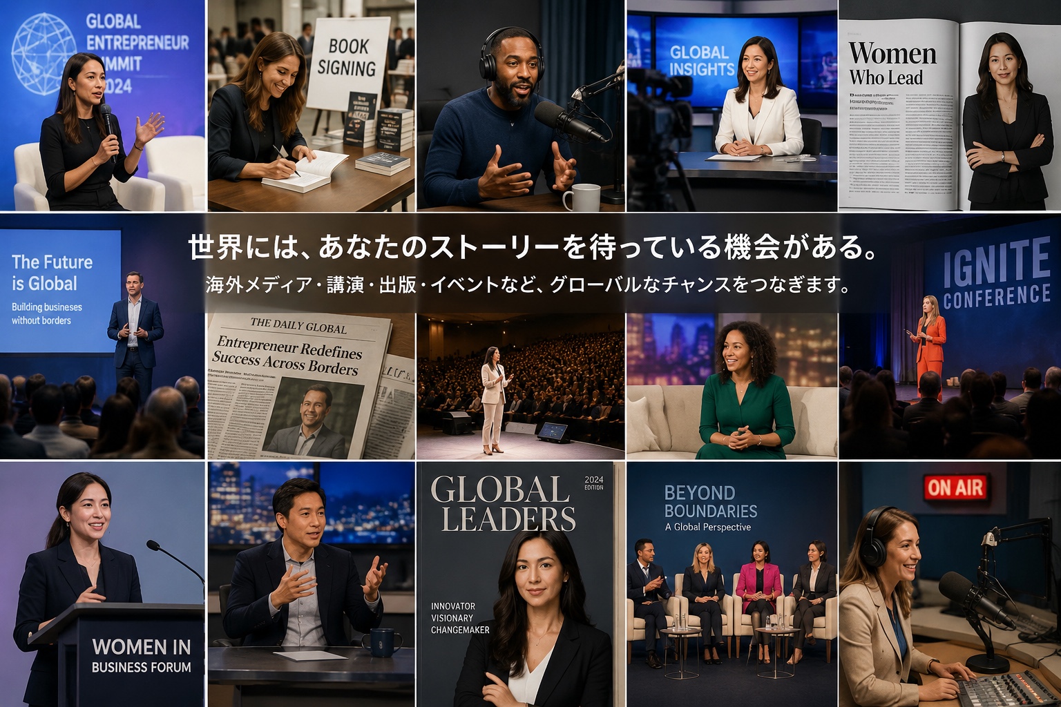 海外メディア、講演、出版、イベントなど世界の機会を表すコラージュ